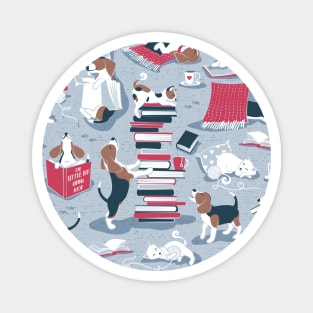 Life is better with books a hot drink and a friend // pattern // blue background brown white and blue beagles and cats and red cozy details Magnet